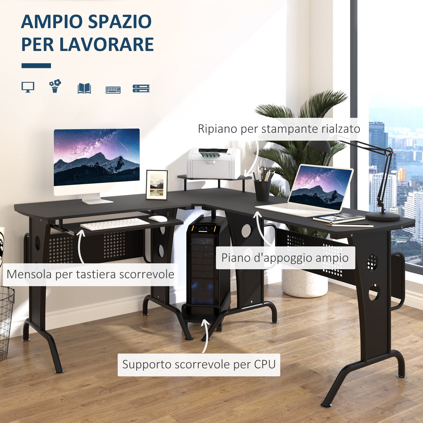 Desk Angular Gaming and Salvaspazio with black removable keyboard shelf