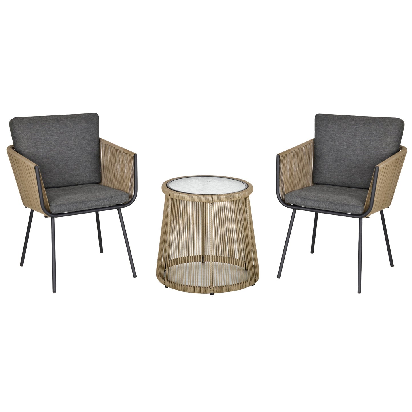Set of 2 Outdoor Chairs with Table in PE Rattan Boho Style, Khaki and Grey