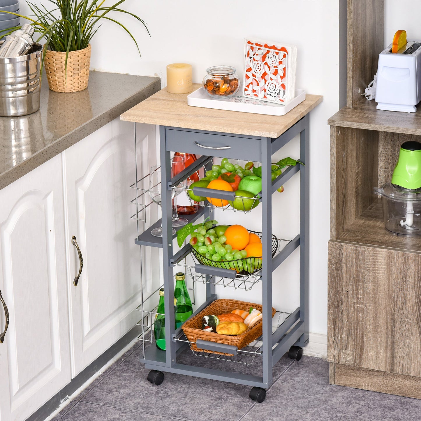 Kitchen Trolley with Pull-Out Drawers and 2 Bottle Holders, in Pine Wood and Metal, 47x37x83 cm