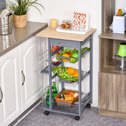 Kitchen Trolley with Pull-Out Drawers and 2 Bottle Holders, in Pine Wood and Metal, 47x37x83 cm