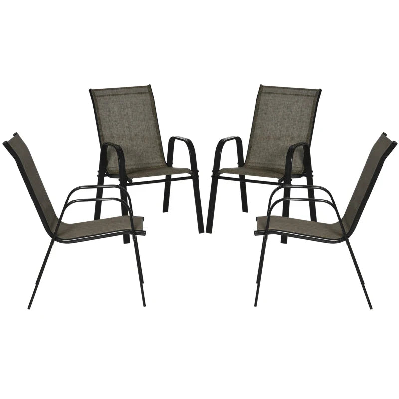 Garden Chairs Set of 4, Stackable Outdoor Chairs in Metal and Breathable Fabric, Brown