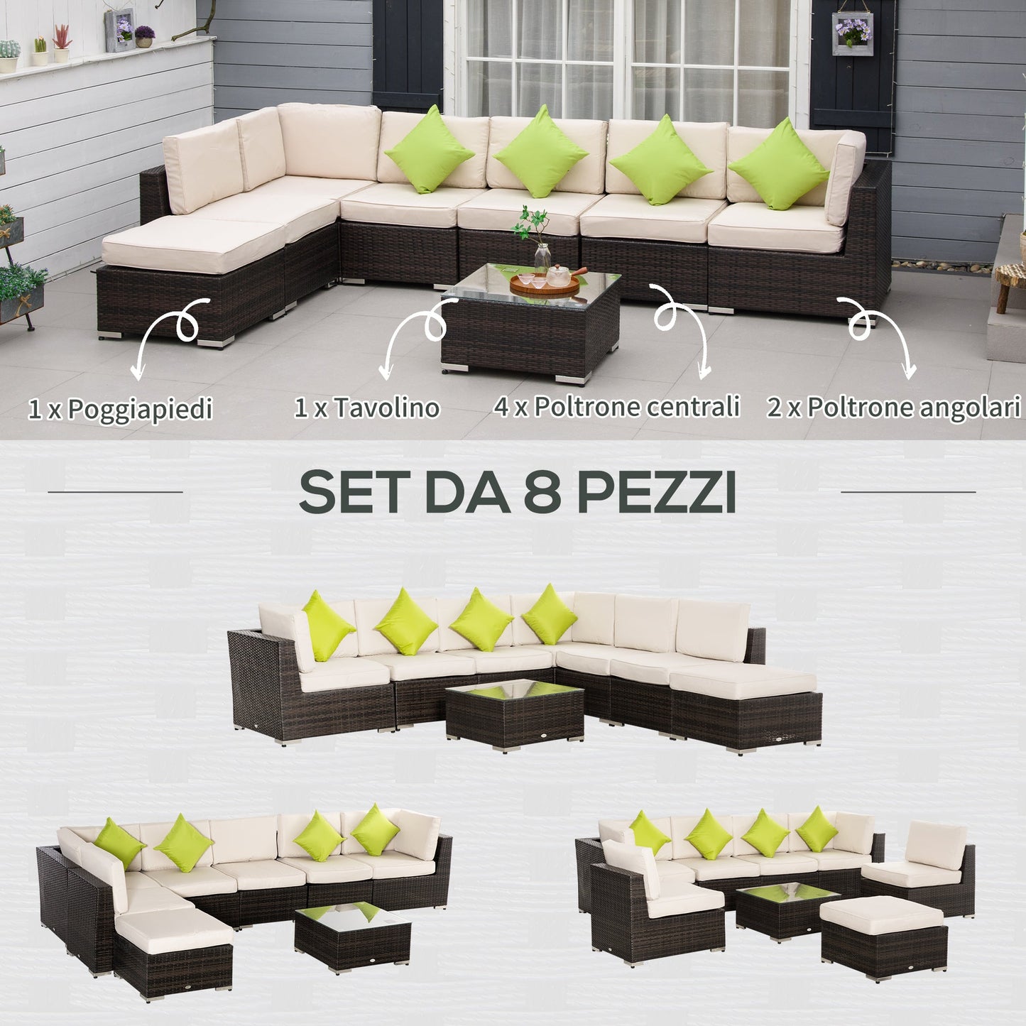 8-Piece Rattan and Aluminum Garden Furniture Set, Modular Garden Lounge Set with Sofas and Outdoor Coffee Table
