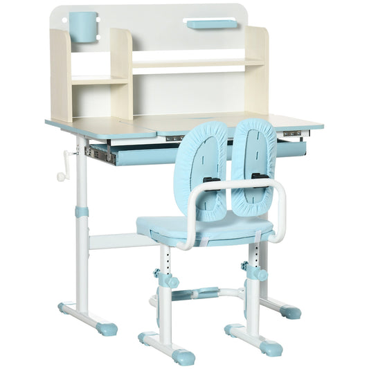 School Desk with Chair for Children 3-12 Years, Adjustable Height and Tiltable Top, Blue