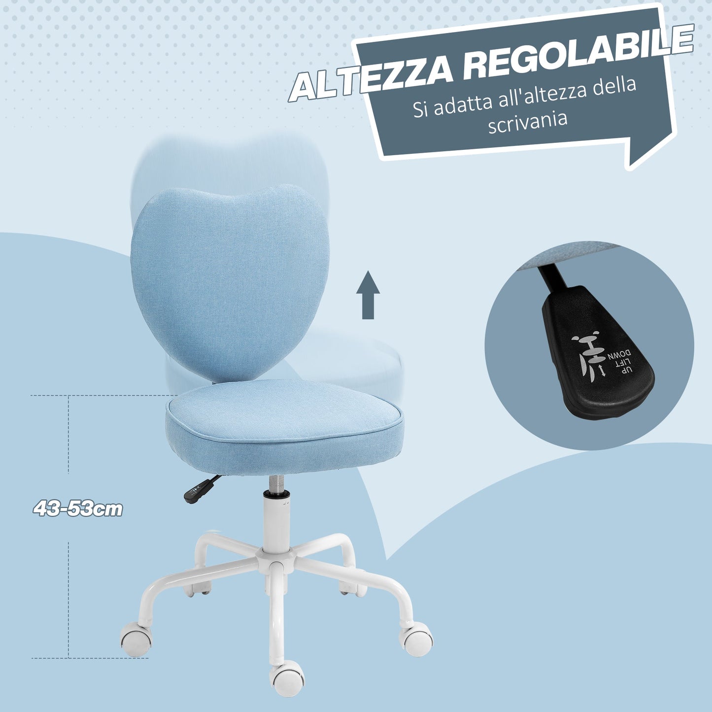 Heart-Shaped Desk Chair with 5 Wheels and Adjustable Height in Fabric, 40x50x79-89cm, Blue