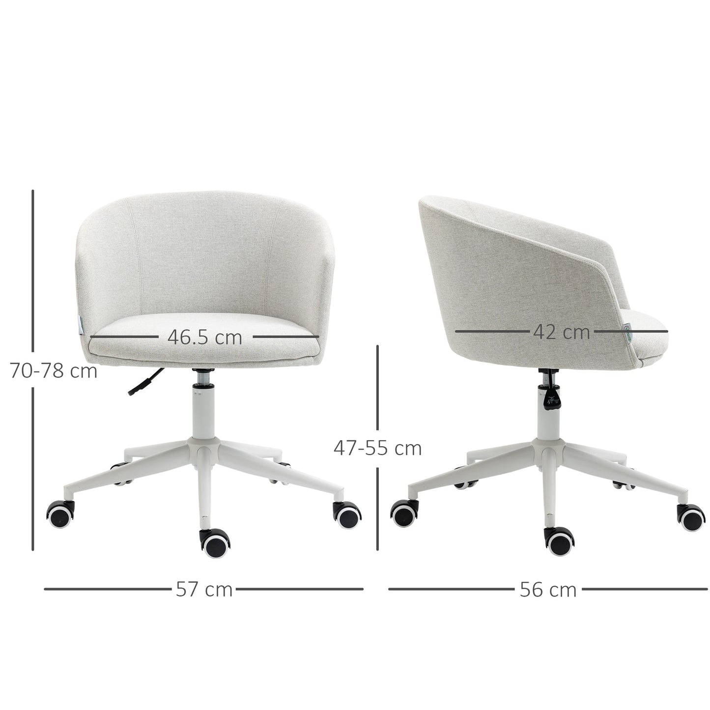 Height Adjustable Office Chair with Wheels and Swivel Fabric Seat, Light Grey