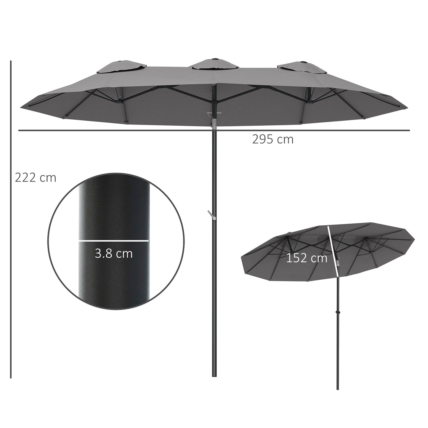 Double Umbrella Tiltable at 45° with Crank and Air Vents, in Steel and Polyester, 285x147x227 cm, Gray