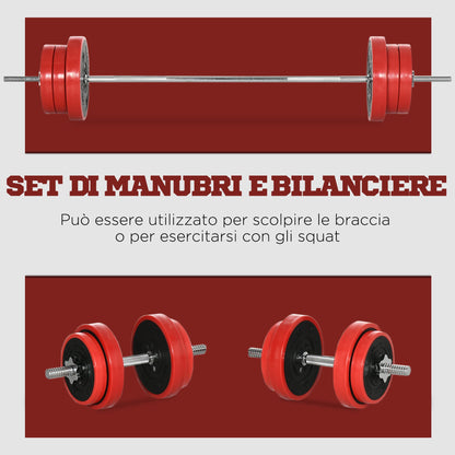 Barbell and Plates Set 65kg total for Home Workout, in Metal, Iron Sand and Rubber, Red