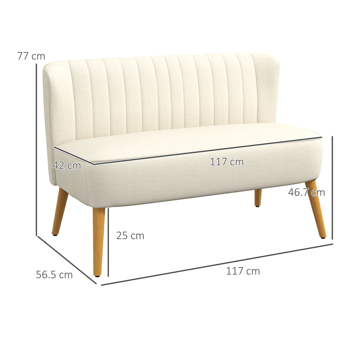 2-Seater Modern Fabric Sofa with Wooden Legs, 117 x 56.5 x 77 cm, Cream White