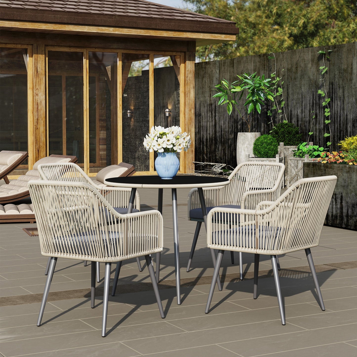 5 Piece Rattan and Steel Garden Set with 4 Outdoor Chairs and Round Table with Hole, Brown and Grey