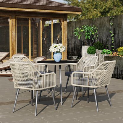 5 Piece Rattan and Steel Garden Set with 4 Outdoor Chairs and Round Table with Hole, Brown and Grey