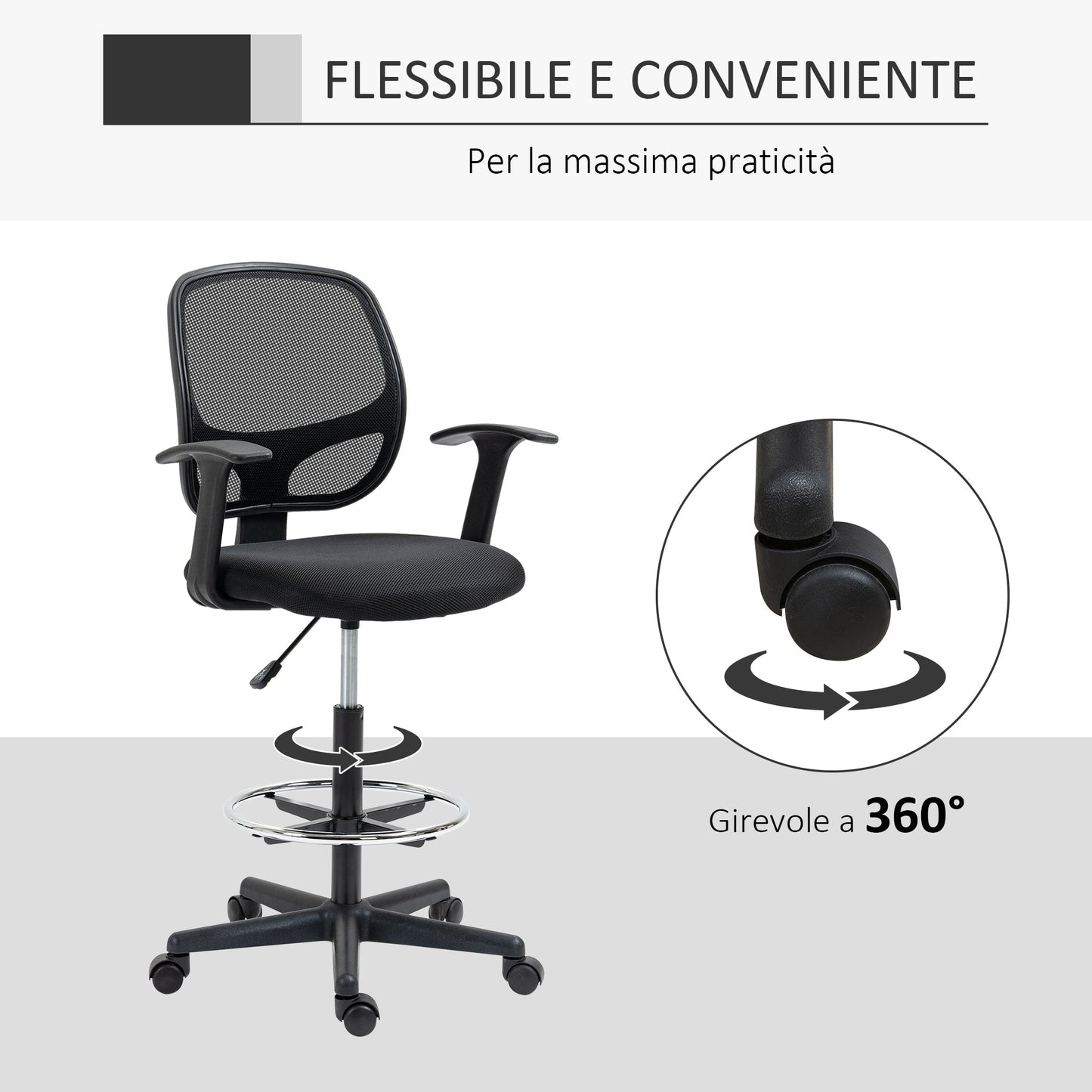 Height Adjustable Office Chair with Armrests, Wheels and Padded Seat, 60x56x110-132 cm, Black
