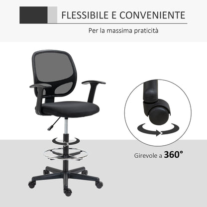 Height Adjustable Office Chair with Armrests, Wheels and Padded Seat, 60x56x110-132 cm, Black