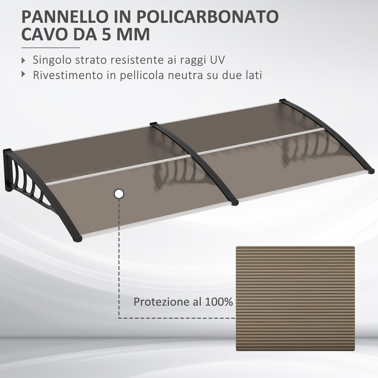Outdoor Canopy for Windows and Doors, in Polycarbonate and Aluminum, 200x100x26 cm, Brown