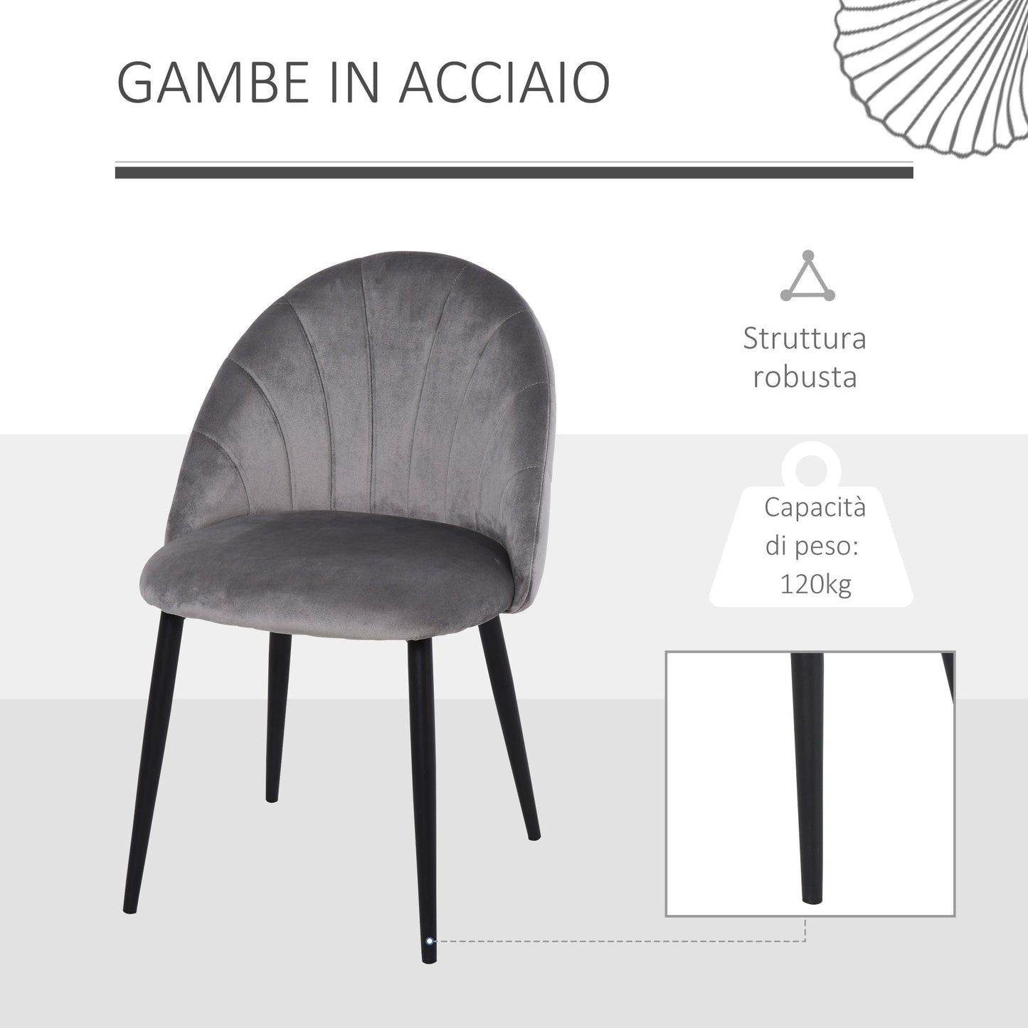 Set of 2 Nordic and Ergonomic Dining Chairs, Kitchen and Living Room Chairs in Metal and Grey Velvet, 52x54x79 cm