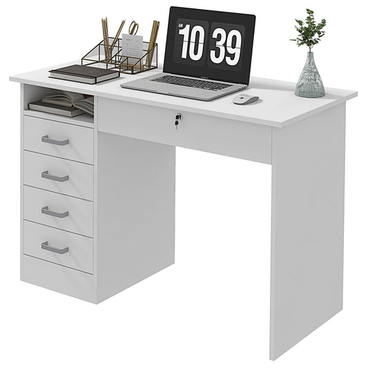 Modern Desk with 5 Drawers and Open Compartment with Lock and 2 Keys, 110x50x76cm, White