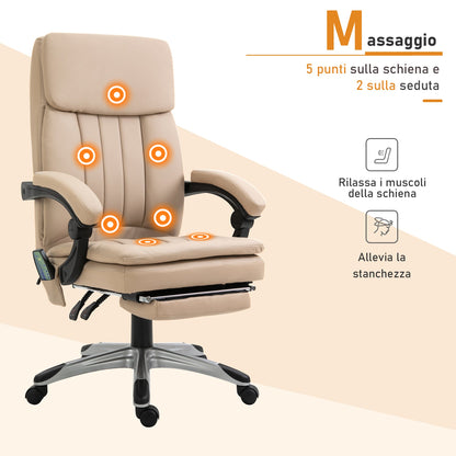 Office Massage Chair, Height Adjustable and Reclining PU Leather, 67x69x106.5-114.5cm Beige