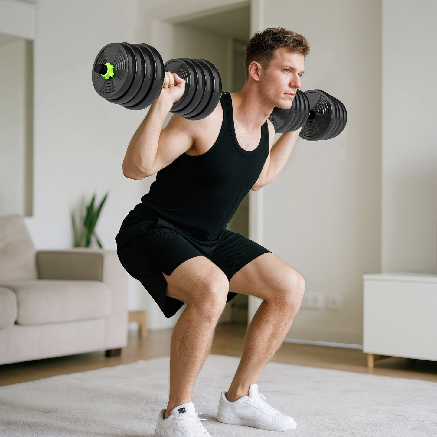 3-in-1 Barbell Set with 16 Weight Plates and Non-Slip Handle, 140x22x22 cm, Green