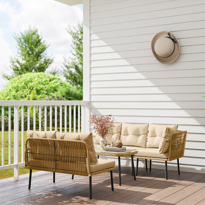 Rattan Garden Lounge Set 2 Sofas and Corner Chair with Cushions, Glass Coffee Table, Wood Color