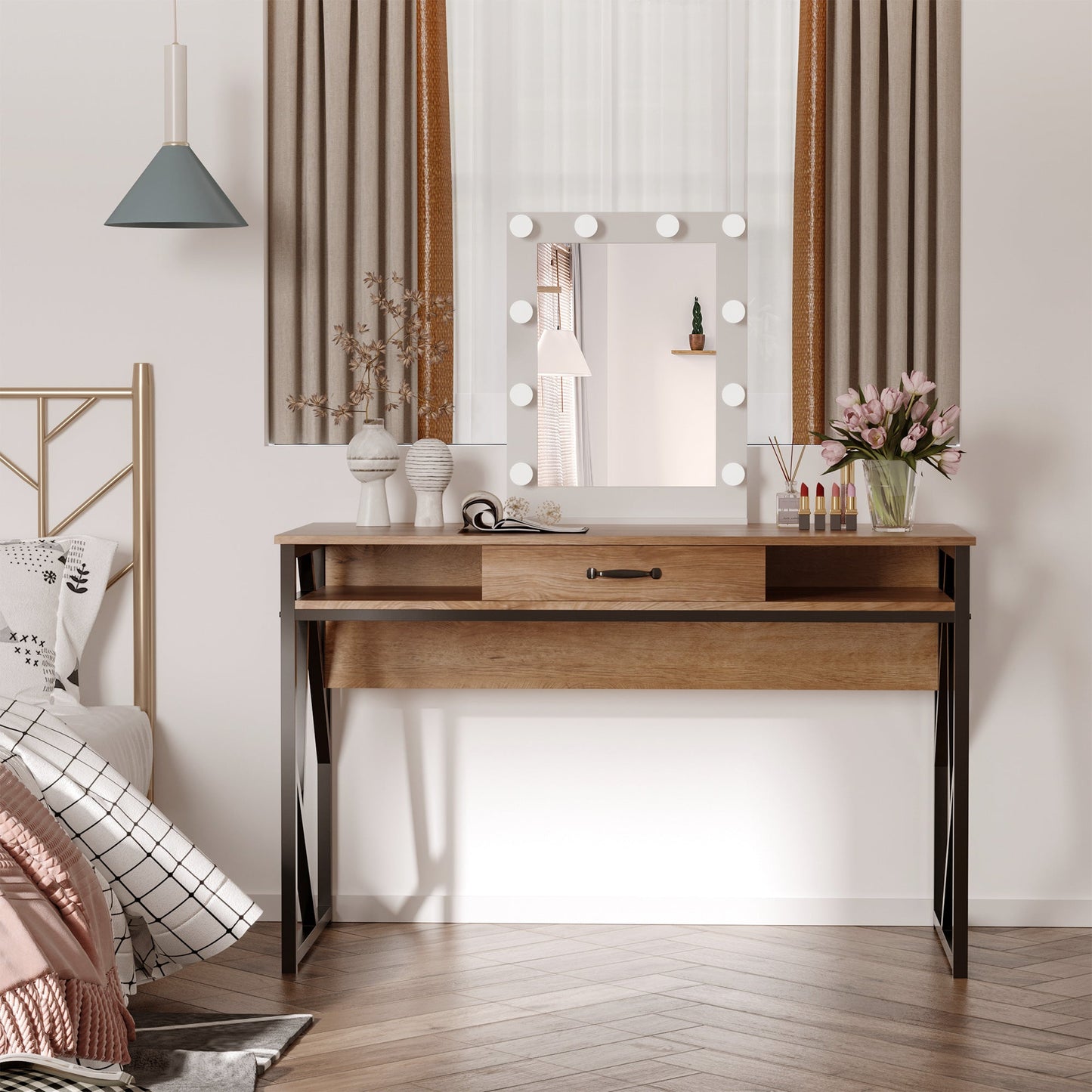 Modern Industrial Style Metal and MDF Desk, Shelves and Drawer for Home and Office, 120x60x76cm Black and Brown