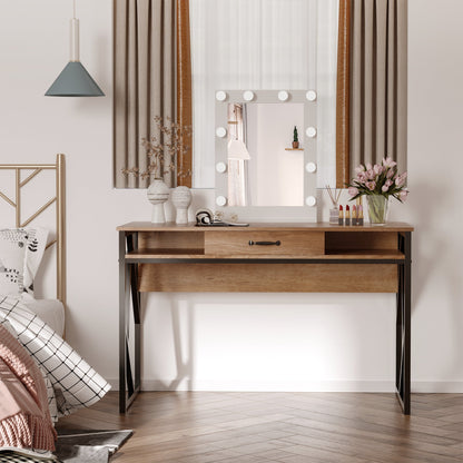 Modern Industrial Style Metal and MDF Desk, Shelves and Drawer for Home and Office, 120x60x76cm Black and Brown