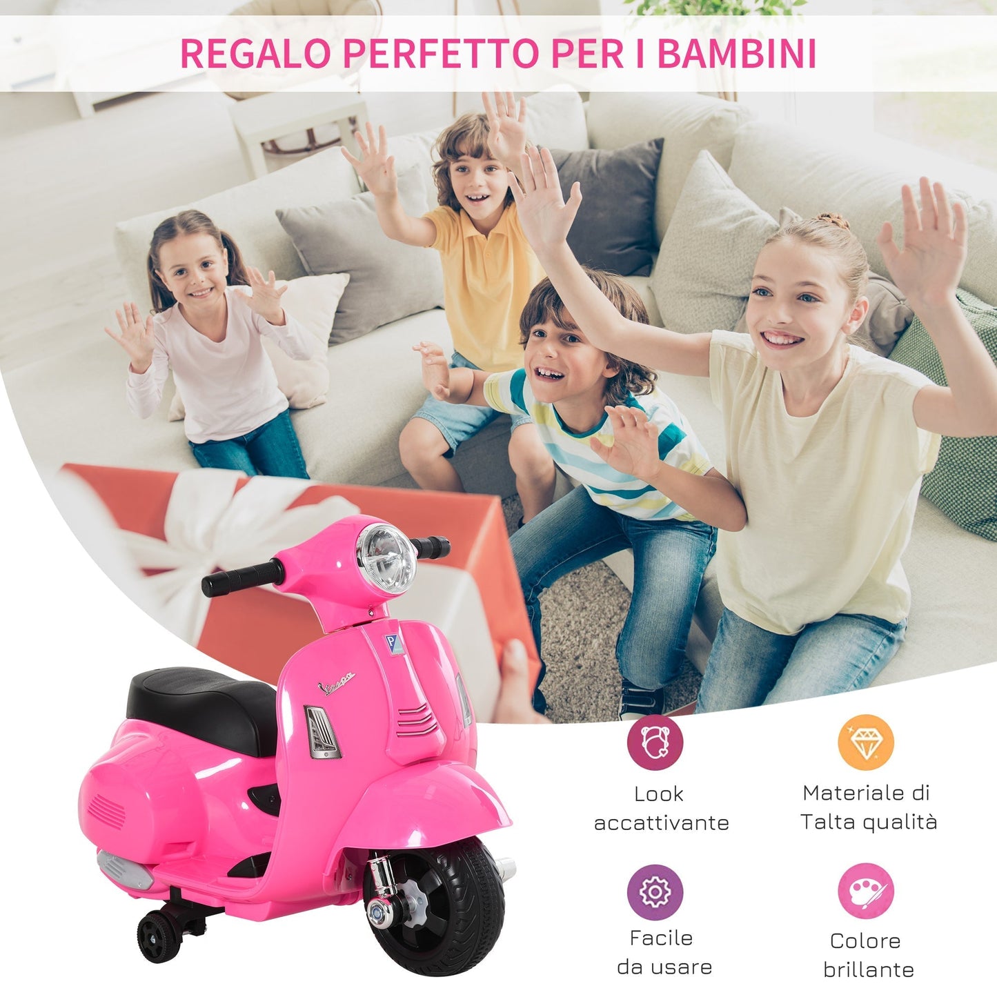 Officially Licensed 6V Kids Electric Scooter, Battery-Powered Electric Scooter for Children 18-36 Months with Headlights and Horn, 66.5x38x52cm, Pink