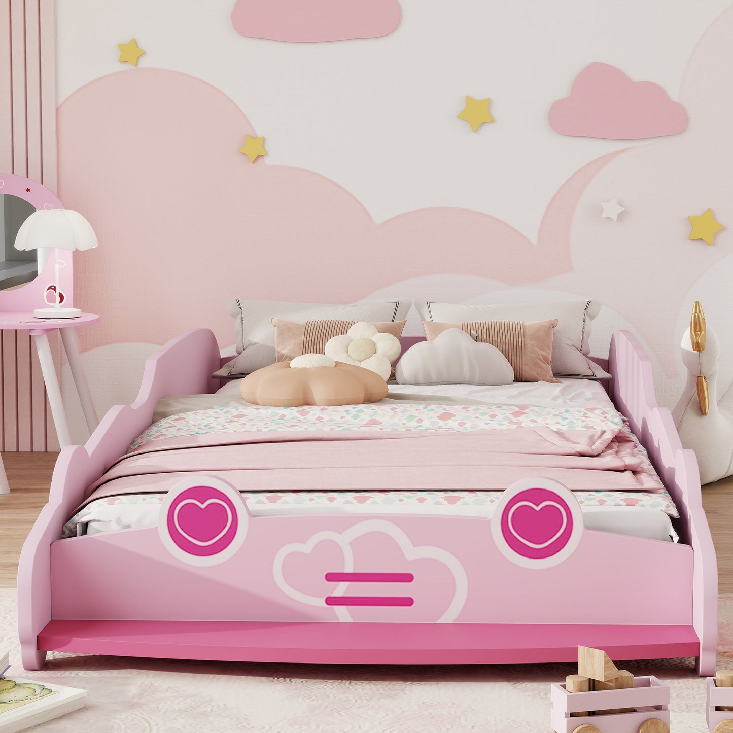 Car-Shaped Children's Bed with Raised Safety Sides for 3-5 Year Olds, 140x70 cm, Pink