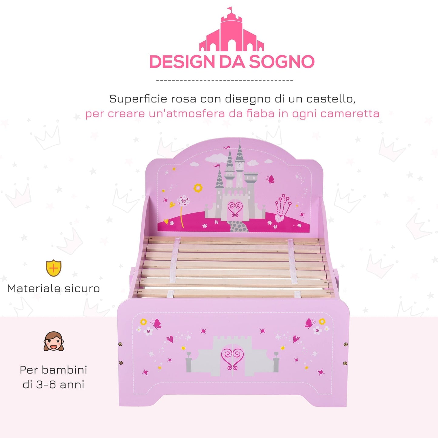 Children's Bed with Raised Edges in Wood for Children's Bedroom, Cot for Children from 3-6 Years, 143x73x60cm, Pink