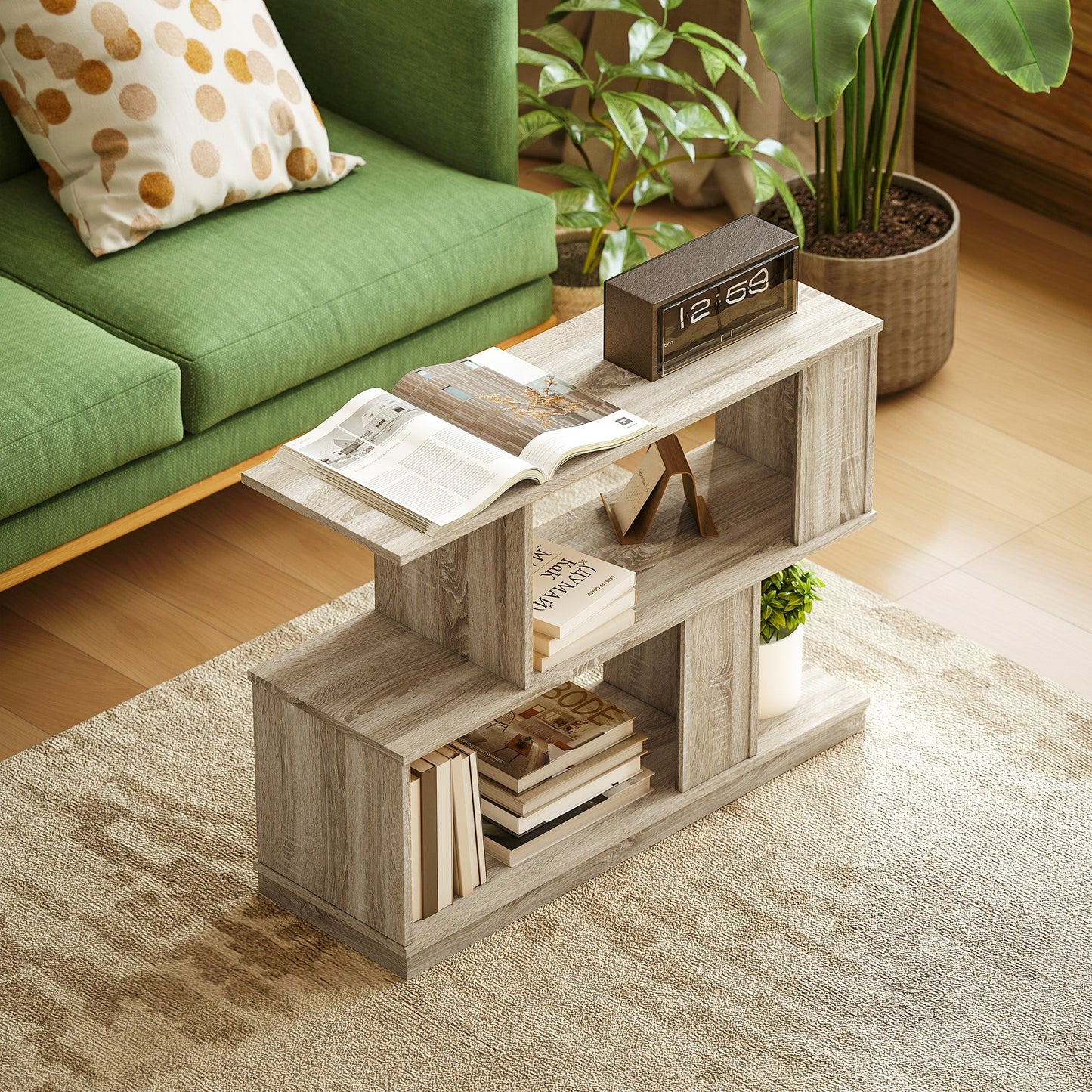 Modern S-Shaped Coffee Table with 3 Shelves for Living Room and Lounge, 90x30x61 cm, Wood