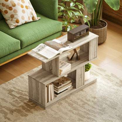 Modern S-Shaped Coffee Table with 3 Shelves for Living Room and Lounge, 90x30x61 cm, Wood