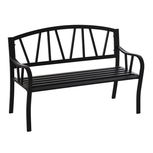 Waterproof Black Metal Garden Bench, 2-Seater Iron Outdoor Bench, 128x56x86cm