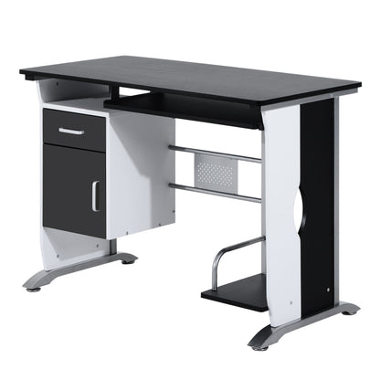 Computer Desk with Shelf, Drawer and Cabinet, in MDF and Iron, 100x52x75 cm, White and Black