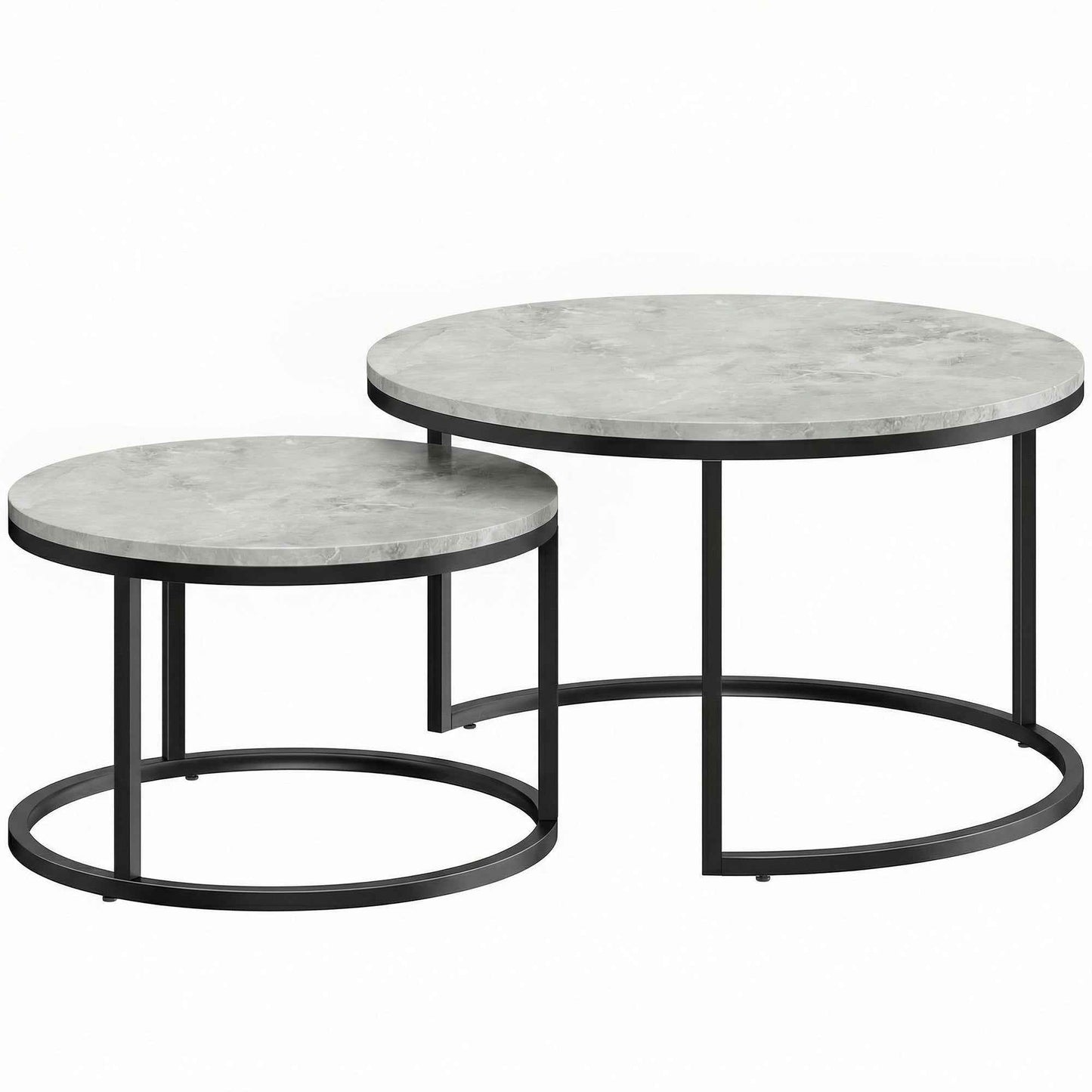 Set of 2 Round Coffee Tables with Marble Effect Top, in Wood and Metal, Marble Grey