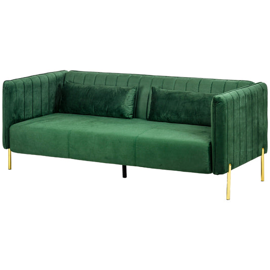 DELUX | Modern 3 Seater Sofa with Padded Cushions, Steel Legs and Velvet Fabric, 200x88x76 cm, Green