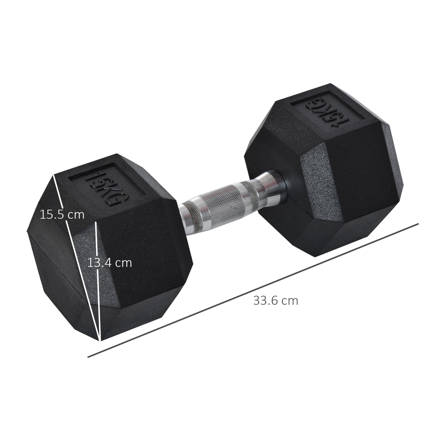 15 kg Hexagonal Dumbbell with Non-Slip Grip, Steel and Rubber, Ø15.5 x 33.6 cm, Black