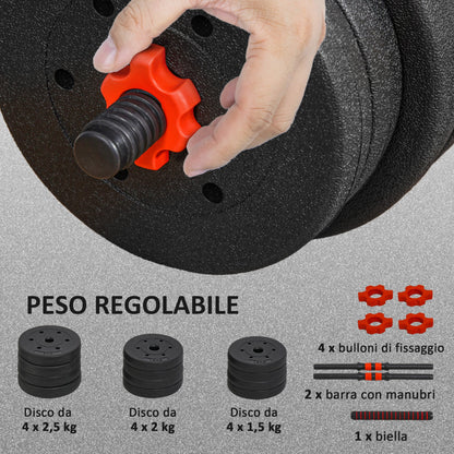 Set of 2 Non-Slip Dumbbells with 12 Weight Discs of 20 kg Total and Connector, in Steel, HDPE and Sand, Black