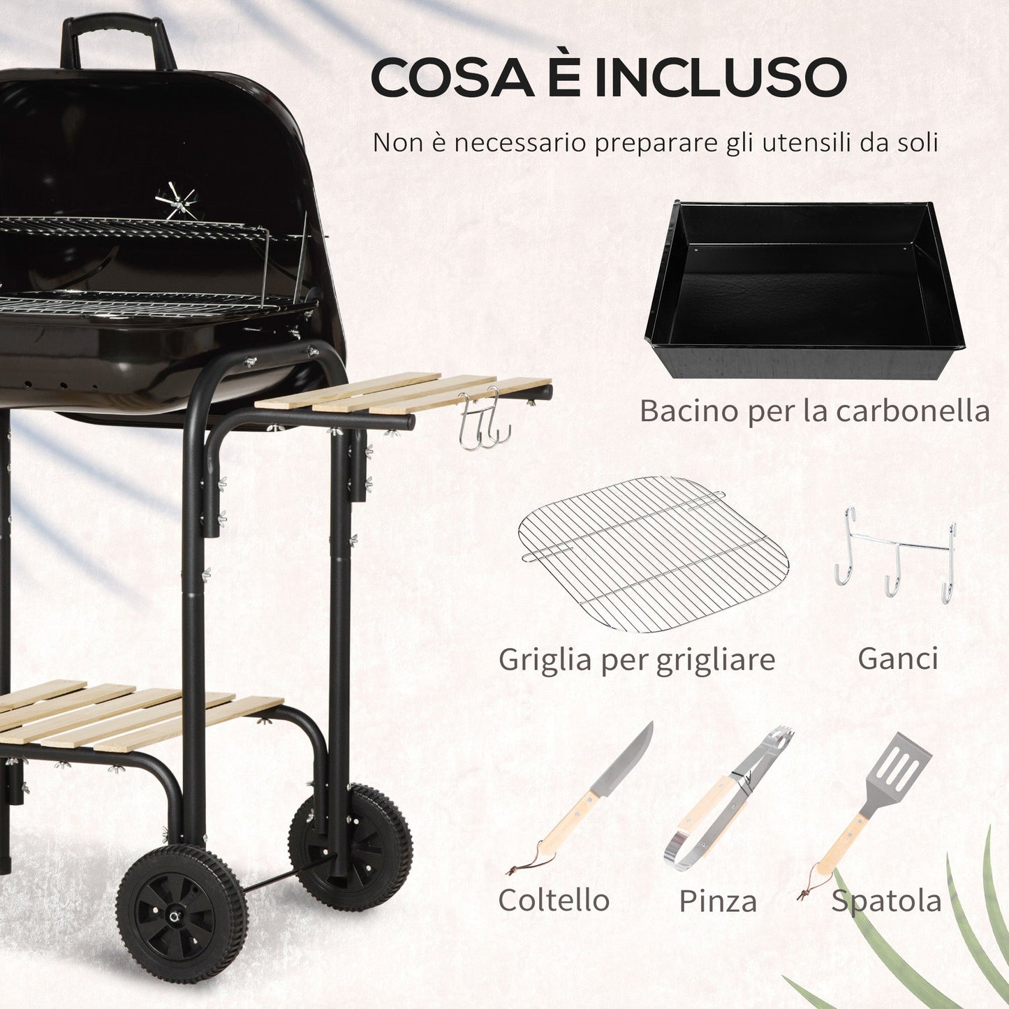 Charcoal Barbecue with Lid, Shelves and Wheels, Complete with Spatula, Tongs and Knife, Black