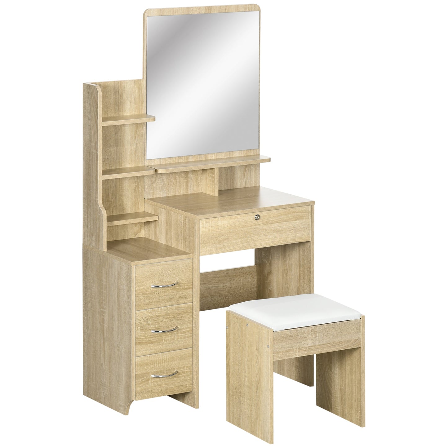 Dressing Table with Mirror, Dressing Table, Stool, 4 Drawers and 4 Shelves, Wood Color