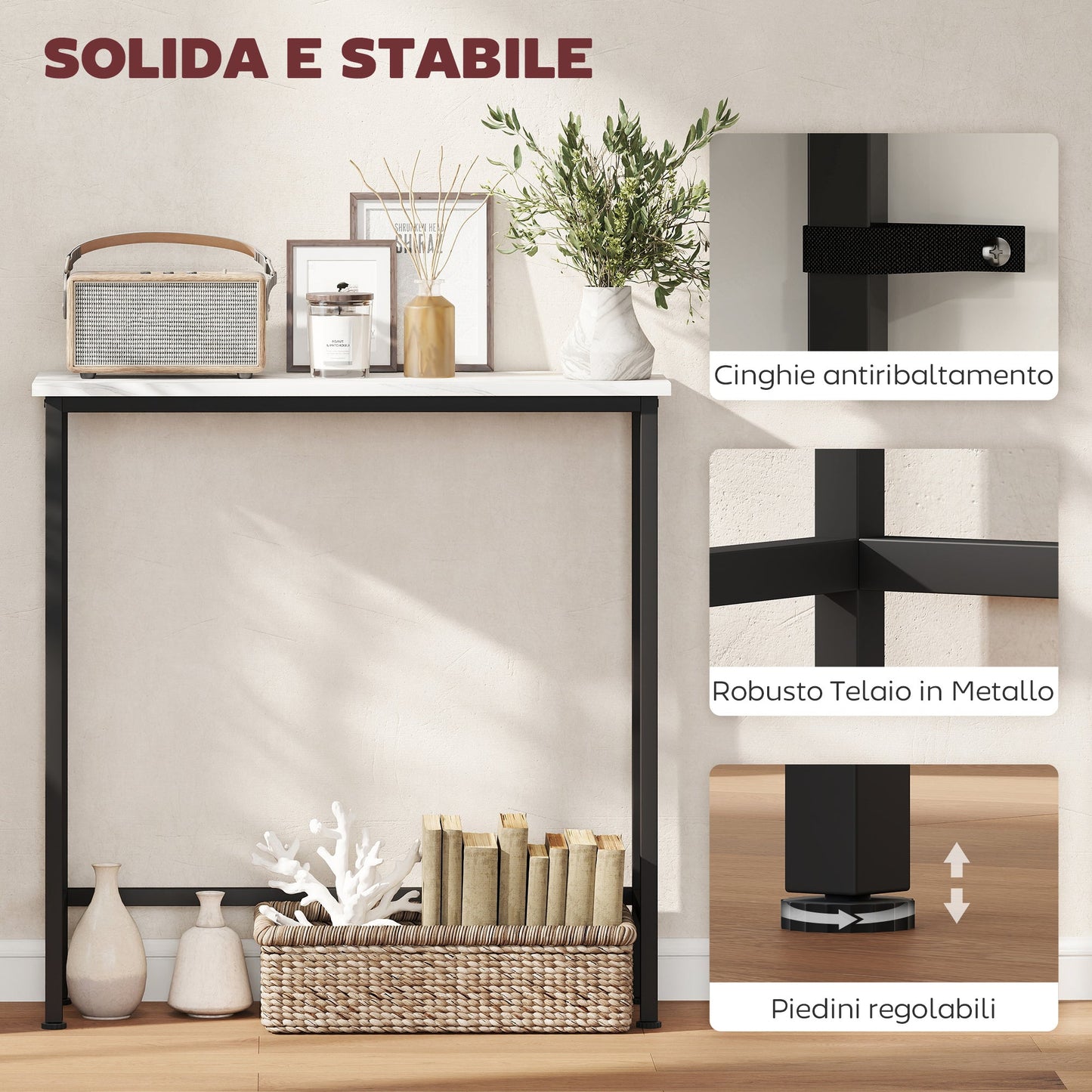 Entrance Console Table with Marble-Effect Top, in Wood and Steel, 75x24x76 cm, Black and White