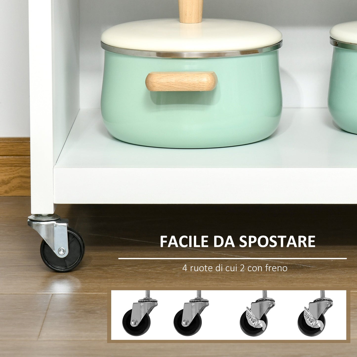 Multipurpose Kitchen Cart with 4 Wheels, White Wood, 67x48x86.5cm