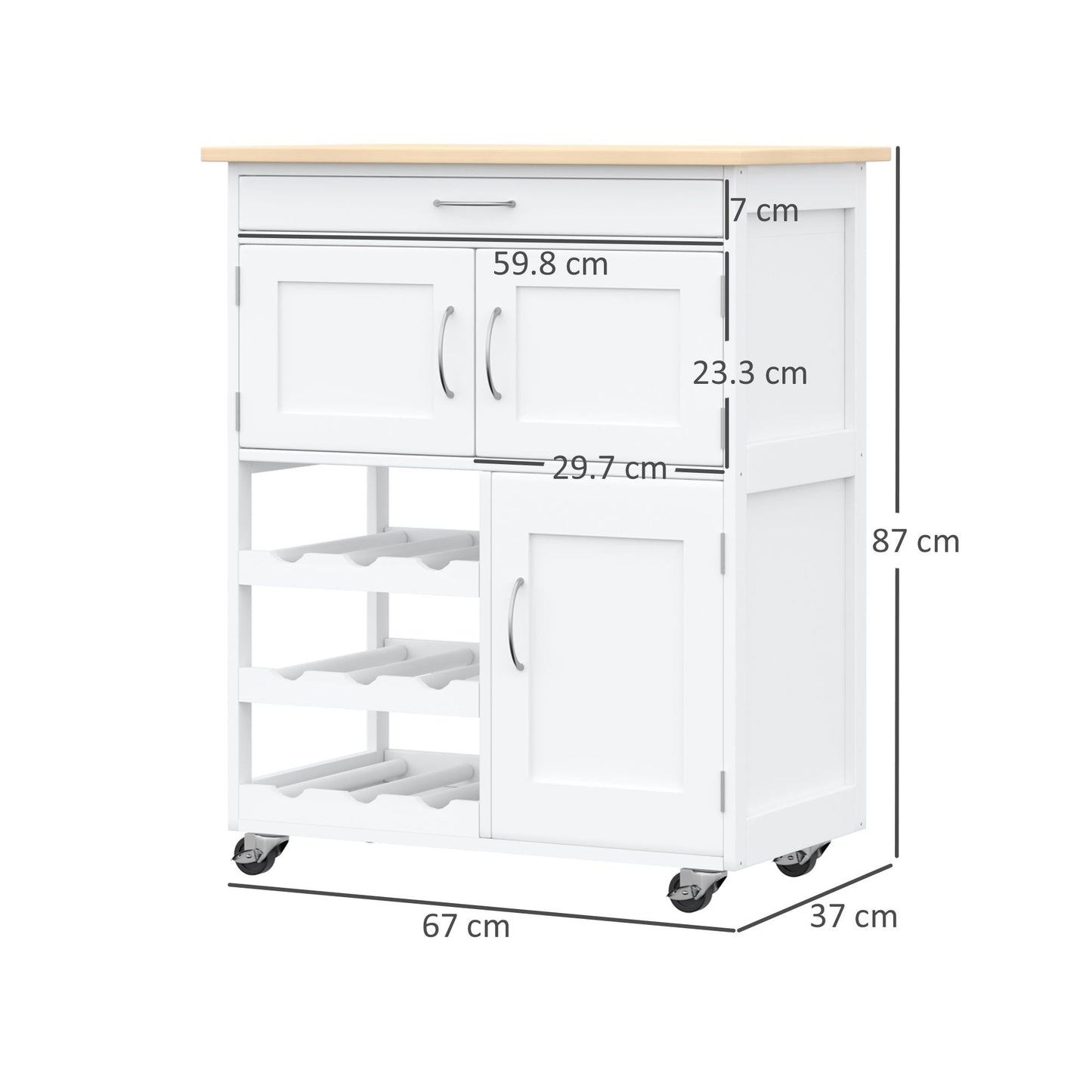 Kitchen Trolley with Bottle Holder, 3 Doors, 4 Wheels and Drawer, Space-Saving Kitchen Cabinet for Microwave and Spices in Wood, 67x37x87 cm, White and Oak