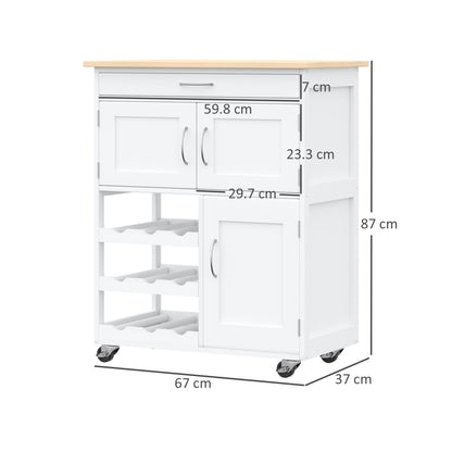 Kitchen Trolley with Bottle Holder, 3 Doors, 4 Wheels and Drawer, Space-Saving Kitchen Cabinet for Microwave and Spices in Wood, 67x37x87 cm, White and Oak