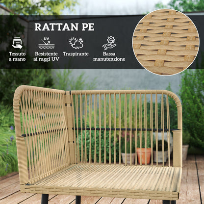Rattan Garden Lounge Set 2 Sofas and Corner Chair with Cushions, Glass Coffee Table, Wood Color