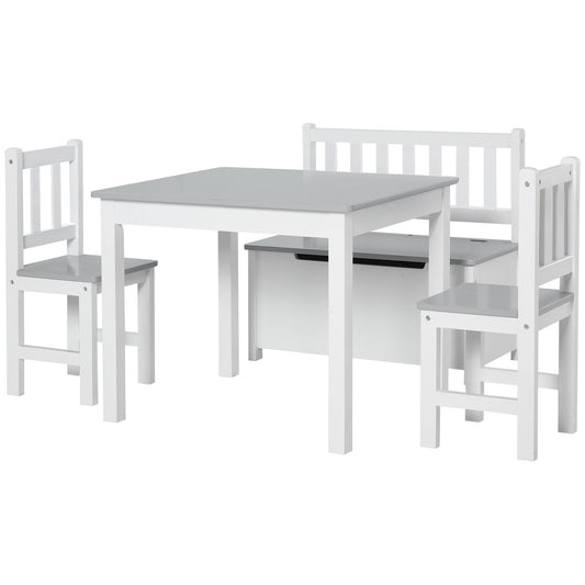 Children's Table Set with 2 Chairs and Wooden Chest for Kids' Bedroom, White and Grey