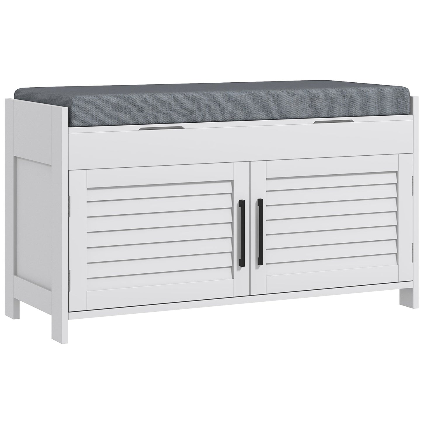 Shoe Bench with Adjustable Internal Shelf on 3 Levels, in MDF and Faux Linen, 90x36x50 cm, White and Grey