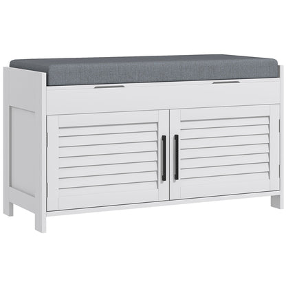 Shoe Bench with Adjustable Internal Shelf on 3 Levels, in MDF and Faux Linen, 90x36x50 cm, White and Grey
