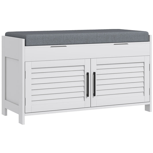 Shoe Bench with Adjustable Internal Shelf on 3 Levels, in MDF and Faux Linen, 90x36x50 cm, White and Grey