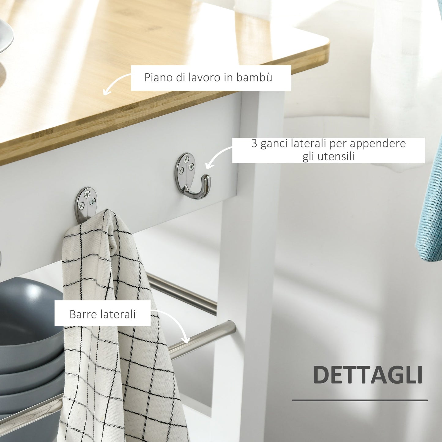 Kitchen Cart With Drawer of the locker and shelf, sparkle trolley with bamboo top and 4 wheels - White