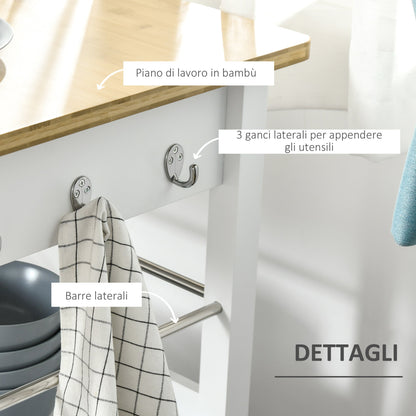 Kitchen Cart With Drawer of the locker and shelf, sparkle trolley with bamboo top and 4 wheels - White