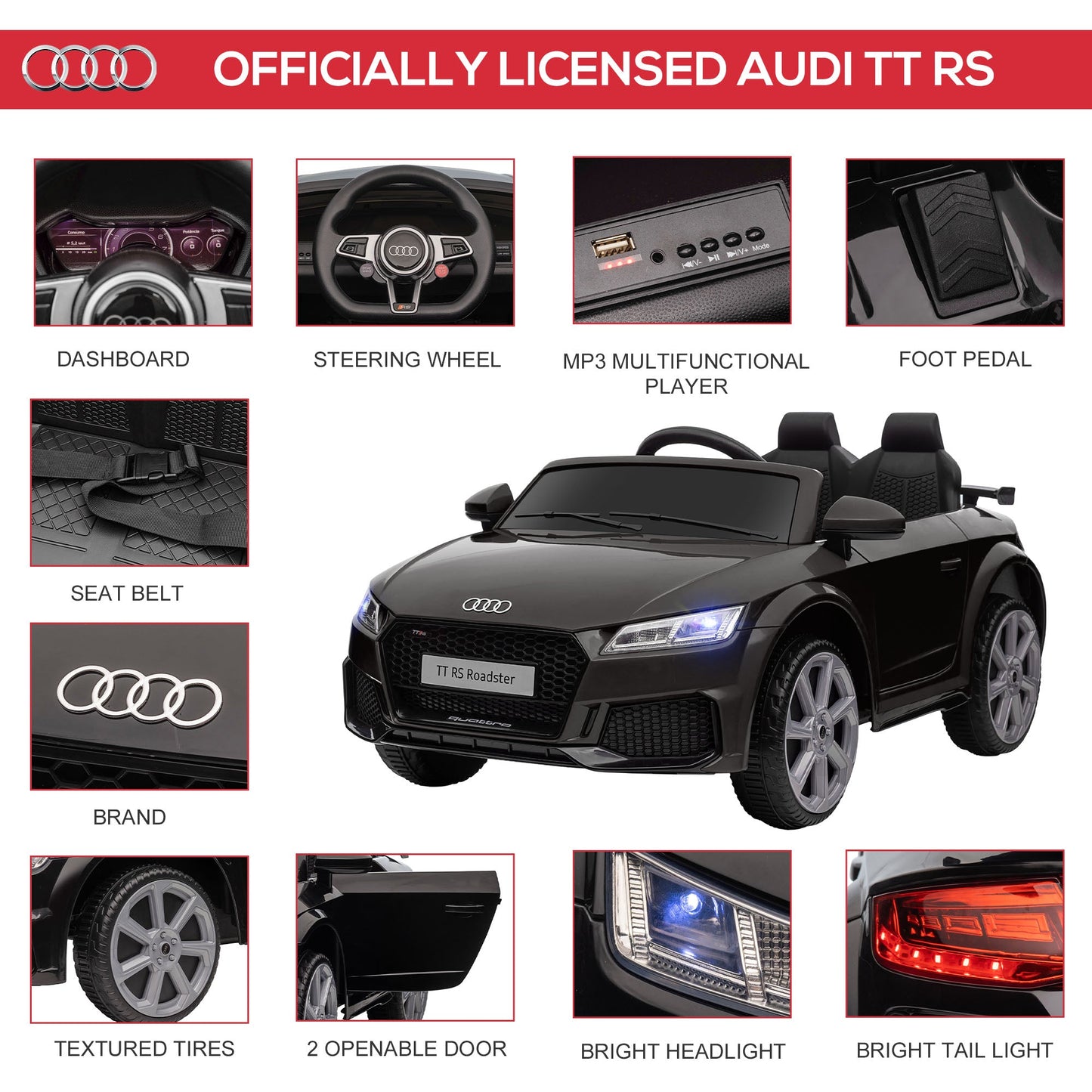 Electric Ride-On Car for Kids 3-5 Years AUDI TT with Remote Control, Opening Doors and LED Headlights, Black