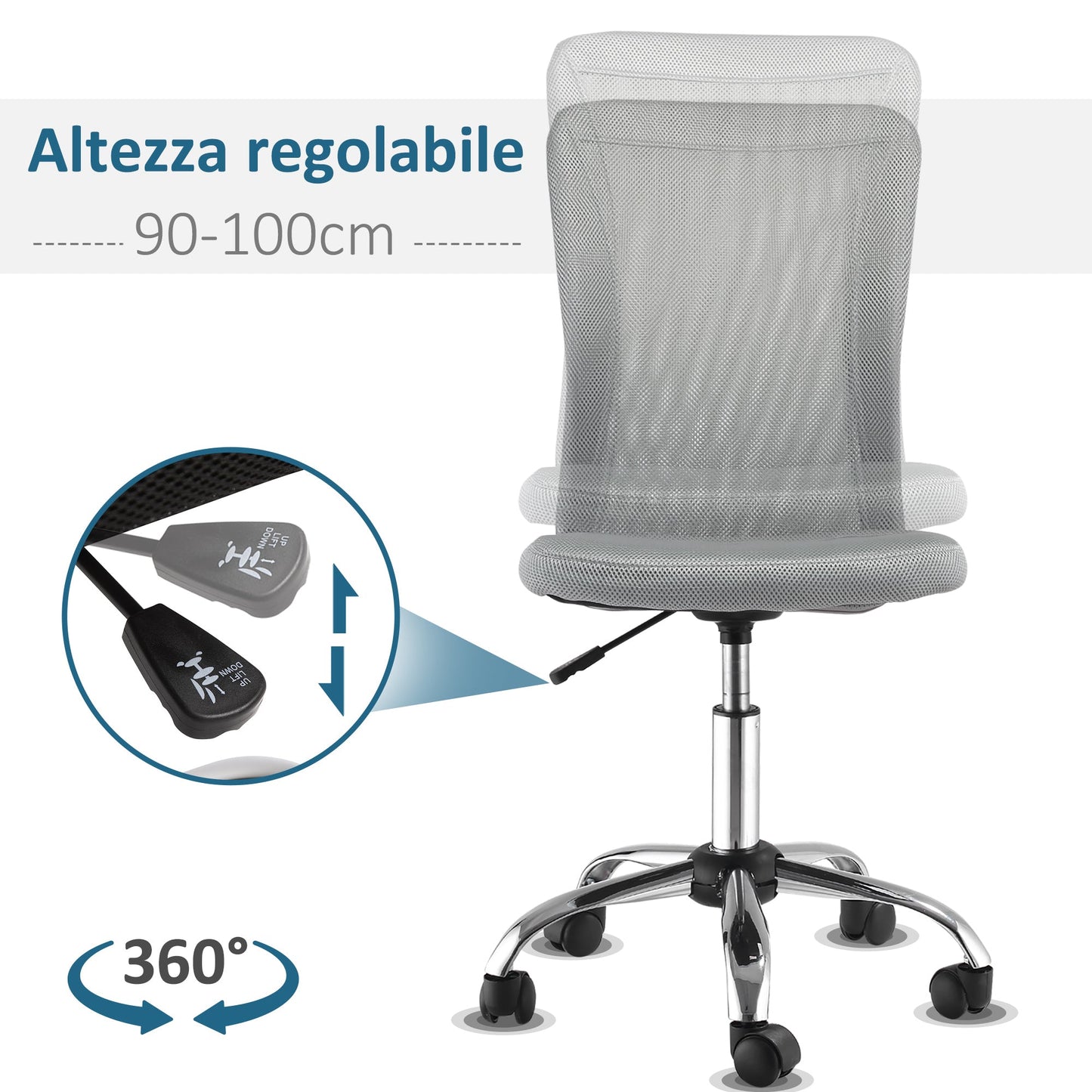 Ergonomic Mesh Office Chair with Armrests, Adjustable Height and 5 Wheels, Grey